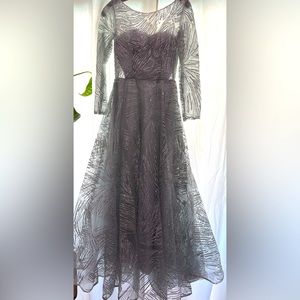 BRAND NEW Silver Sequined Fit/Flare  Long Slv Formal Dress W/Corset Lace Up Back